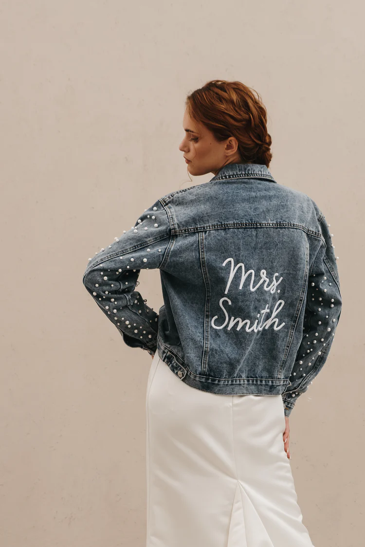 Denim jacket with shops pearls on sleeves